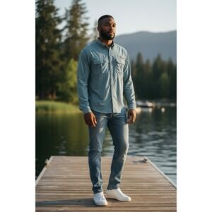 HUK FISHING SHIRT MENS MEDIUM BUTTON FRONT BLUE LIGHTWEIGHT